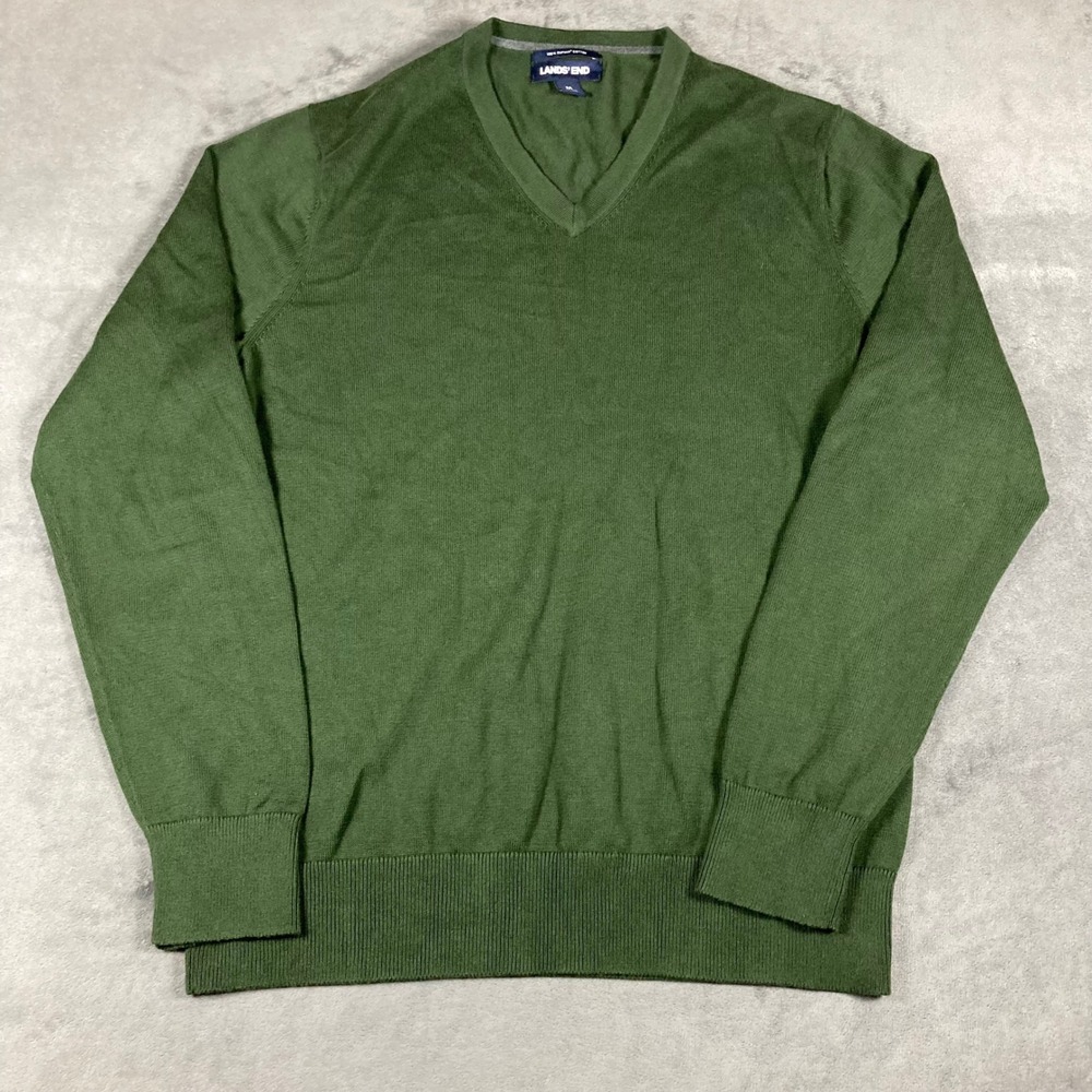 Lands End Mens Olive Green 100% Supima Cotton V-Neck Sweater Size M 38-40